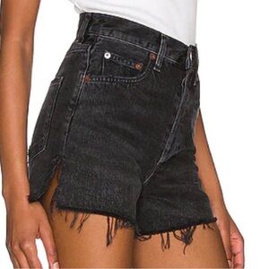 Agolde Distressed Black Non-Stretch Cotton Denim Shorts Dee High Rise